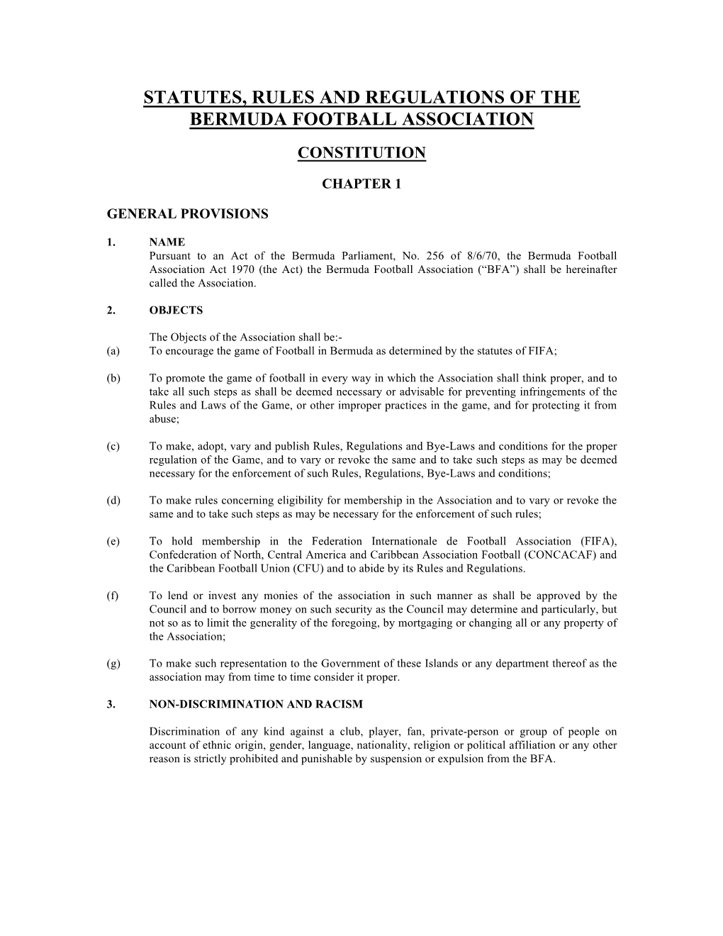 Statutes, Rules and Regulations of the Bermuda Football Association