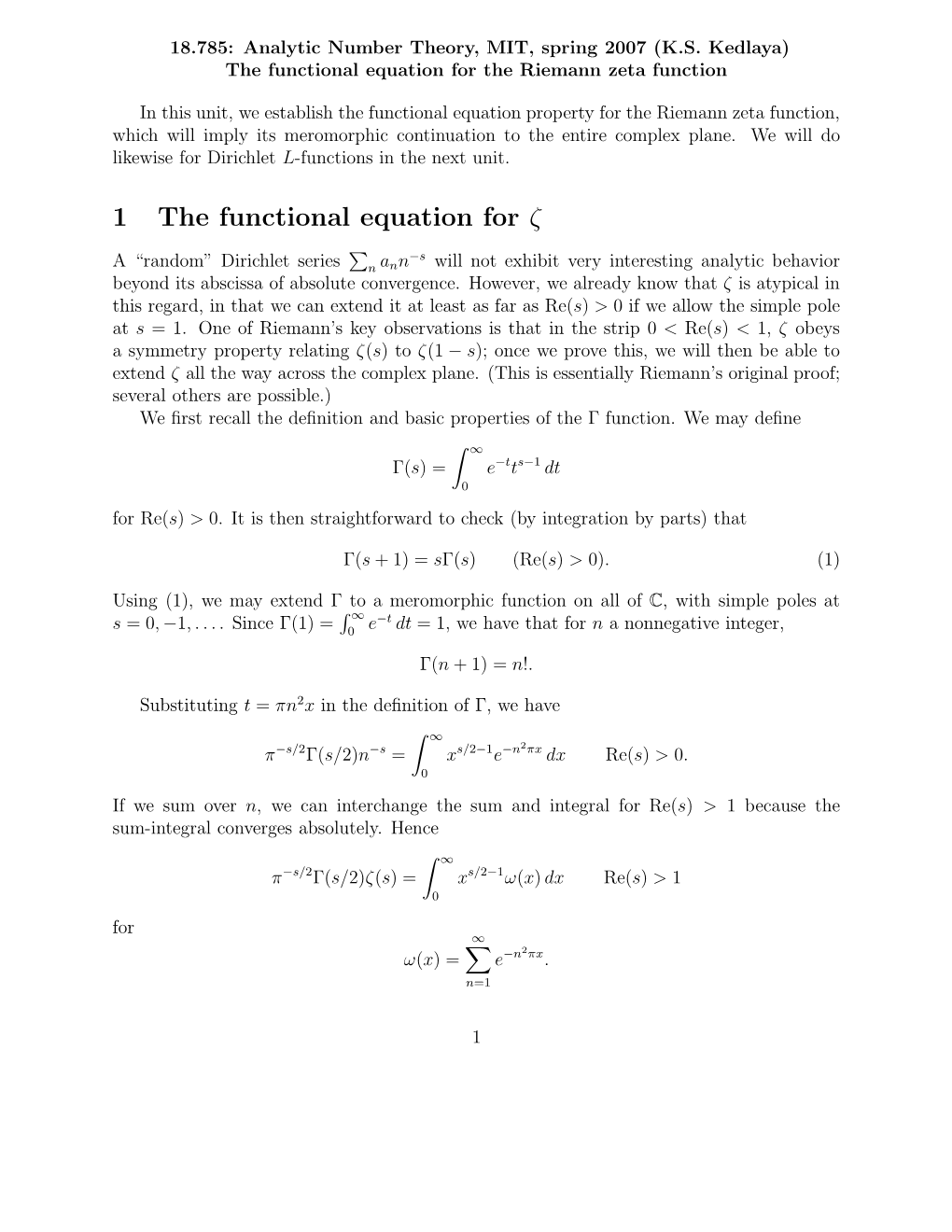 1 the Functional Equation for Ζ