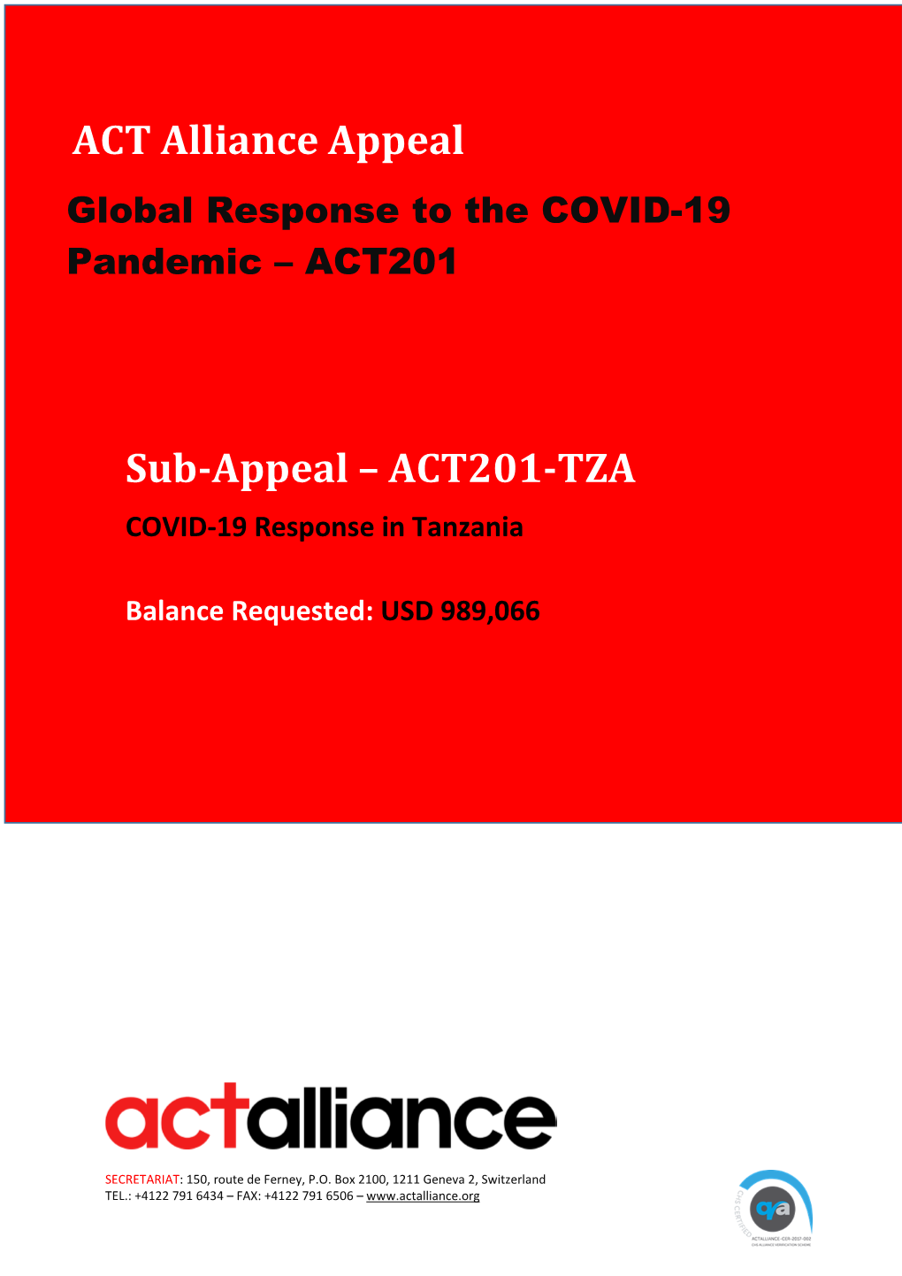 ACT Alliance Appeal Sub-Appeal – ACT201-TZA