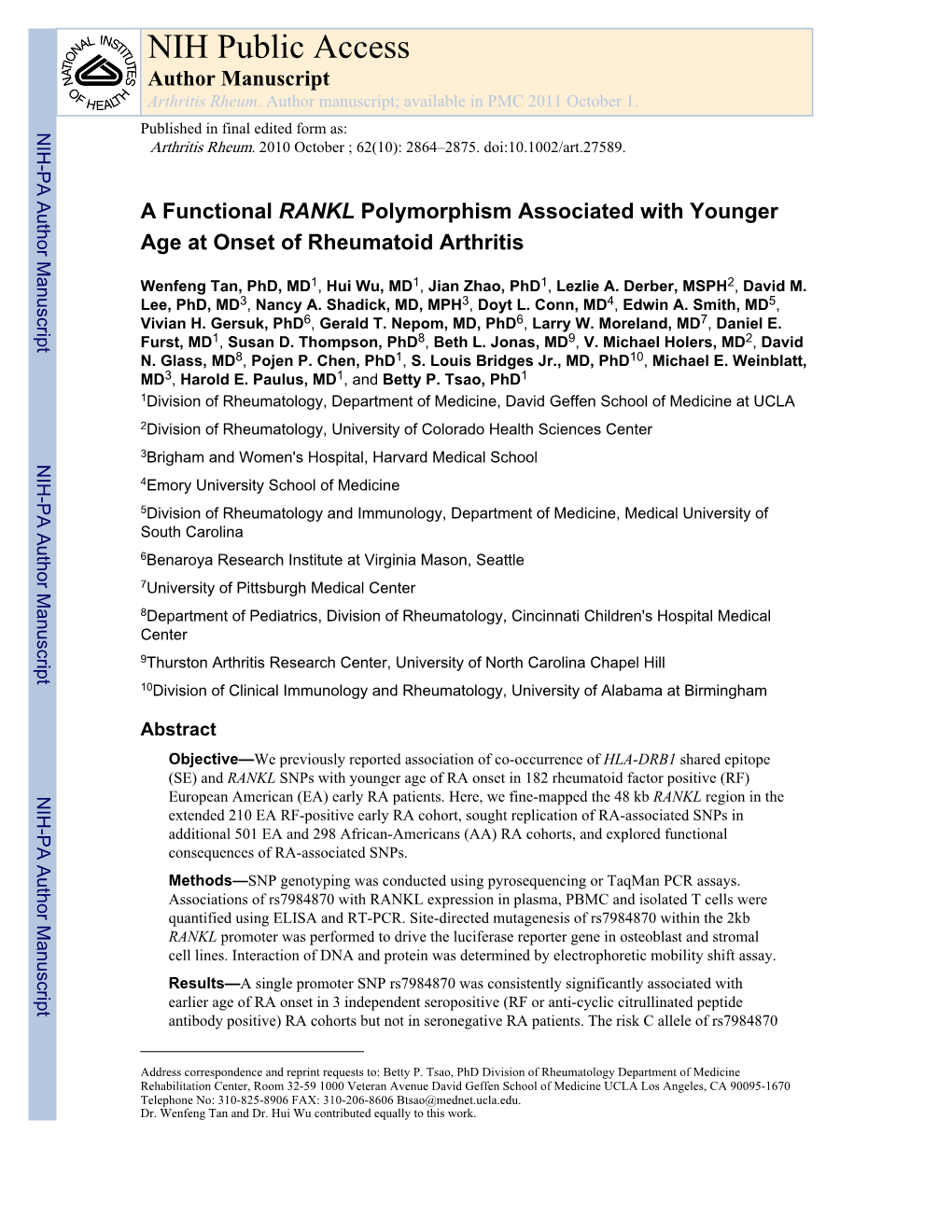 NIH Public Access Author Manuscript Arthritis Rheum