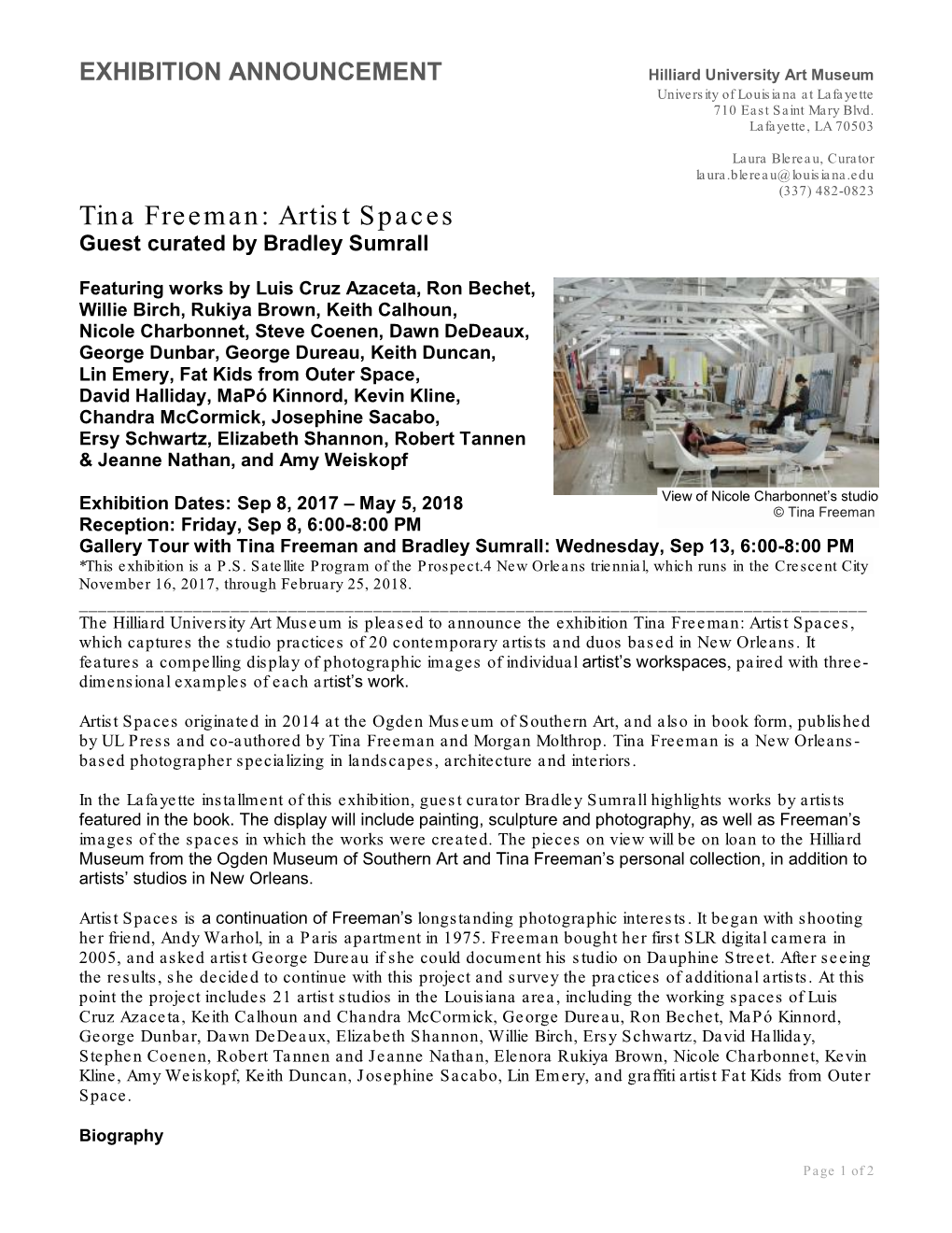 Tina Freeman: Artist Spaces Guest Curated by Bradley Sumrall