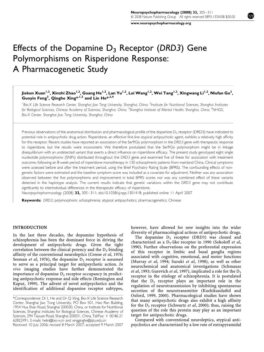 Effects of the Dopamine D3 Receptor (DRD3) Gene Polymorphisms on Risperidone Response: a Pharmacogenetic Study