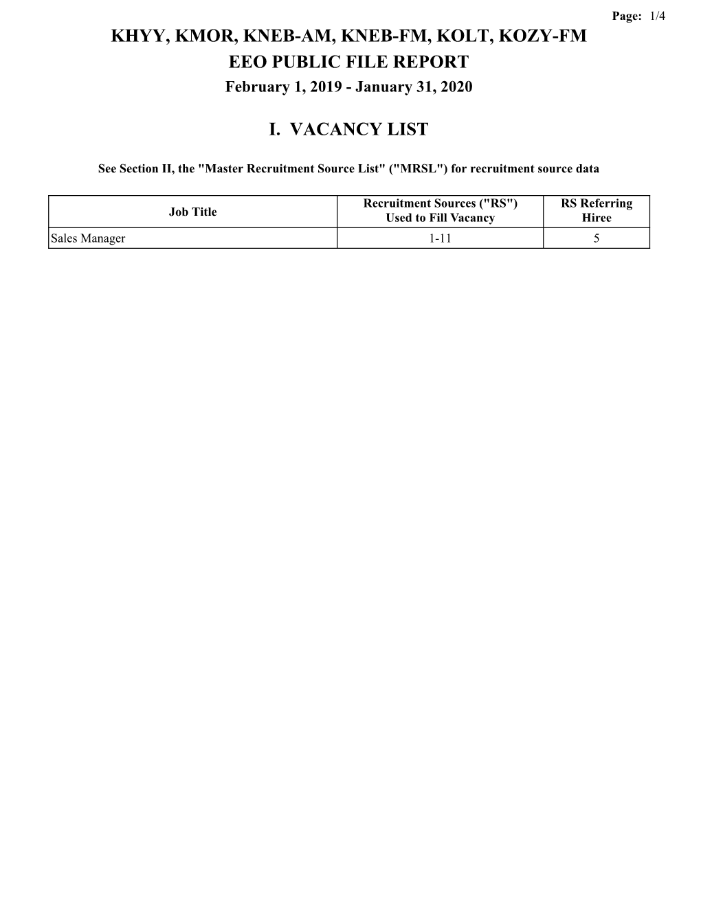 KHYY, KMOR, KNEB-AM, KNEB-FM, KOLT, KOZY-FM EEO PUBLIC FILE REPORT February 1, 2019 - January 31, 2020