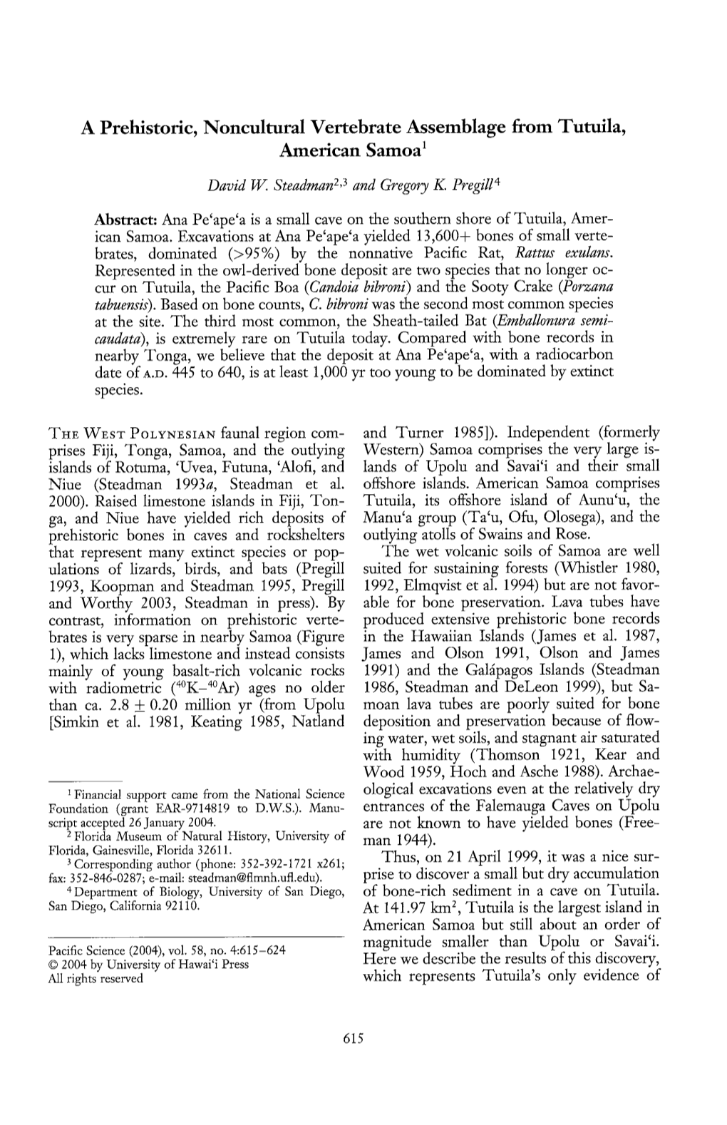 A Prehistoric, Noncultural Vertebrate Assemblage from Tutuila, American Samoa1