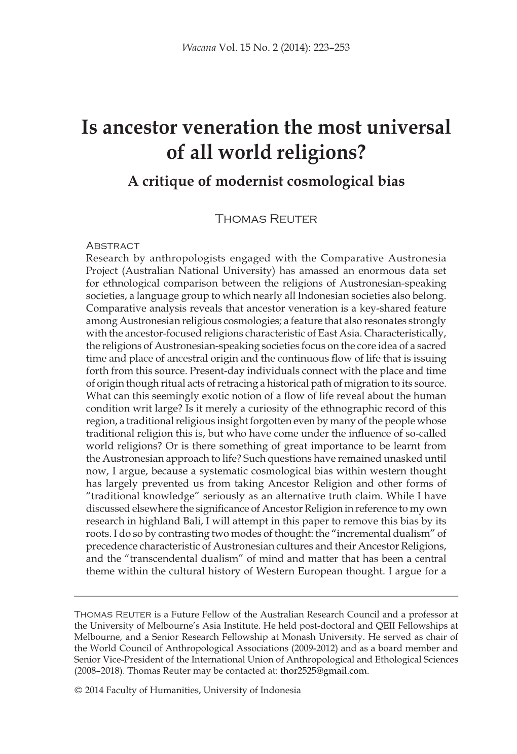 Is Ancestor Veneration the Most Universal of All World Religions? a Critique of Modernist Cosmological Bias