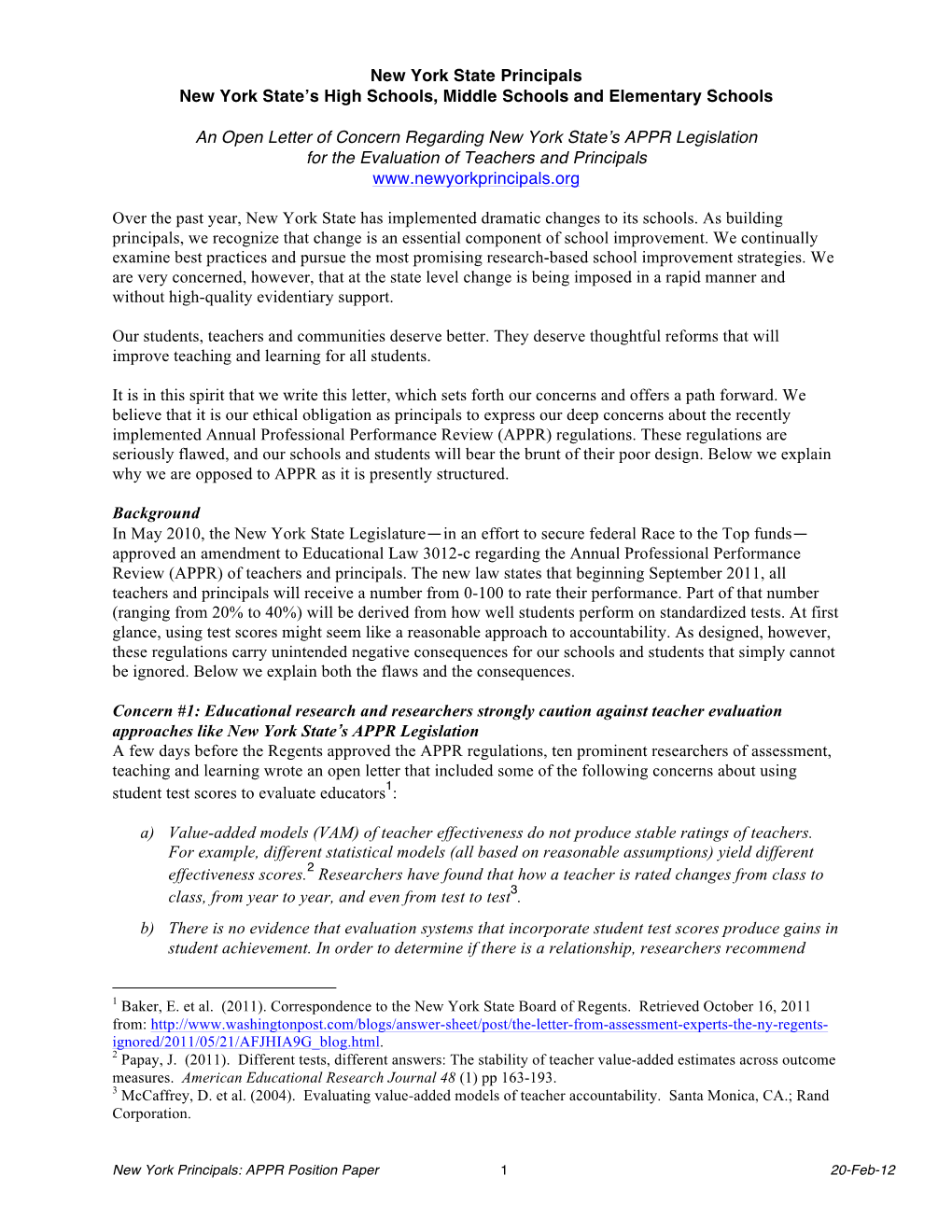 New York State Principals New York State's High Schools, Middle Schools and Elementary Schools an Open Letter of Concern Regar