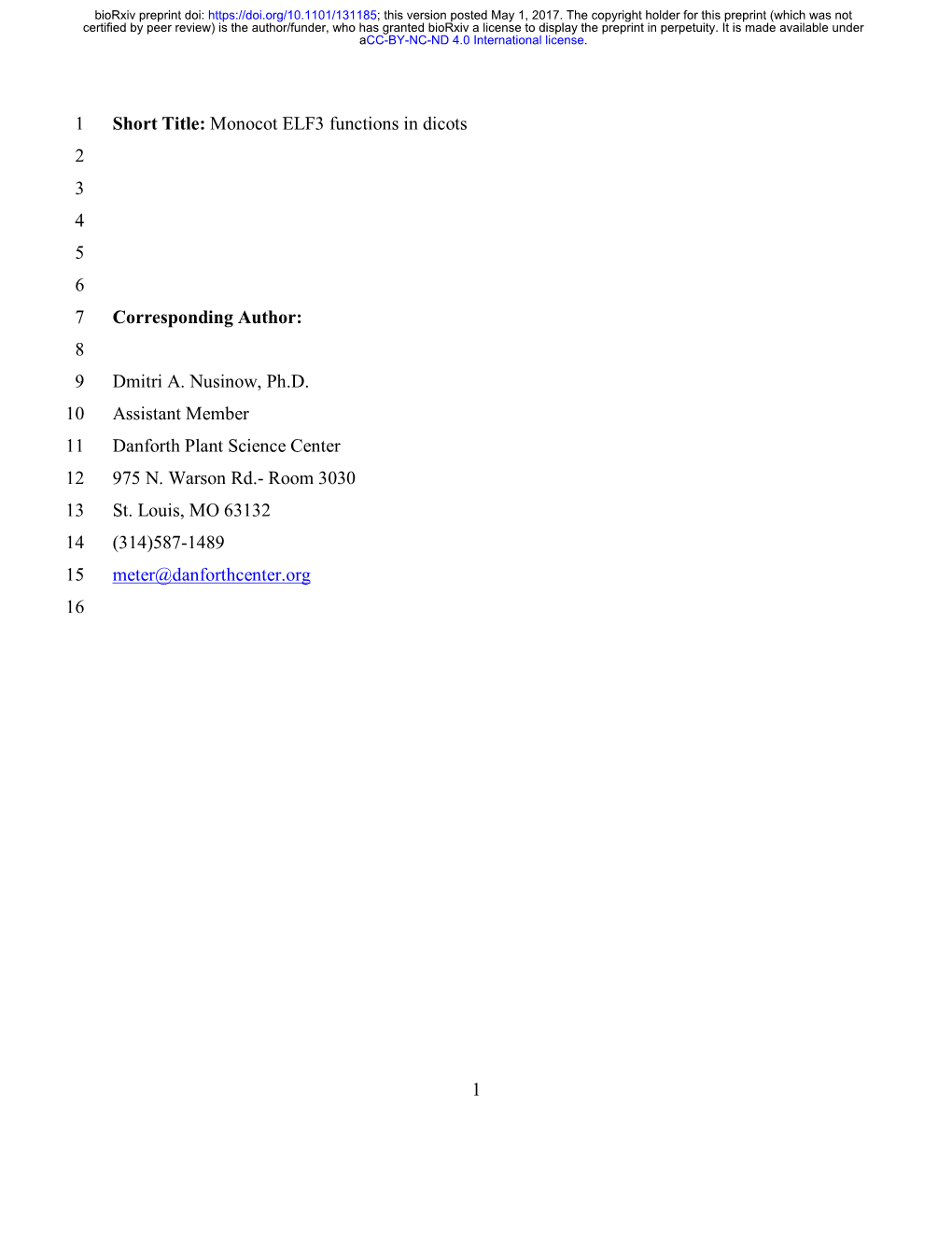 1 Short Title: Monocot ELF3 Functions in Dicots 1 2 3 4 5 6 Corresponding