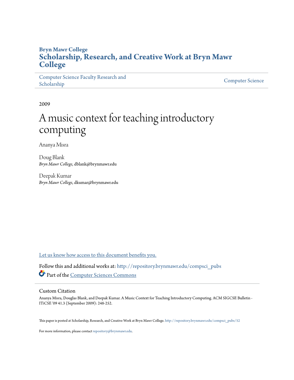 A Music Context for Teaching Introductory Computing Ananya Misra