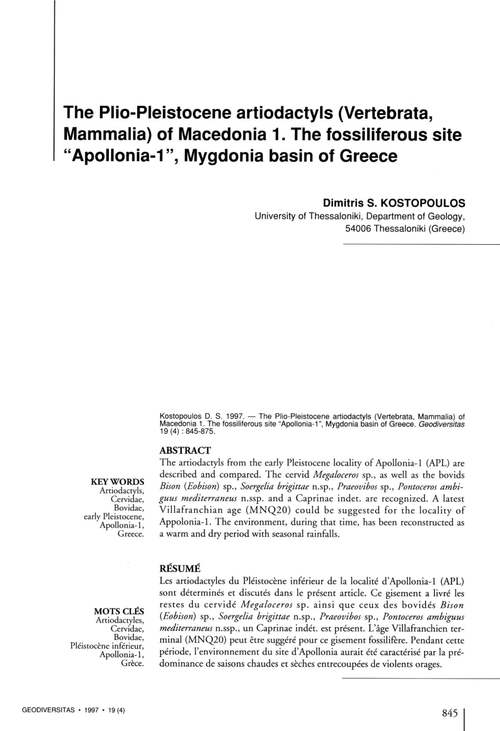 Of Macedonia 1. the Fossiliferous Site "Apollonia-1", Mygdonia Basin of Greece