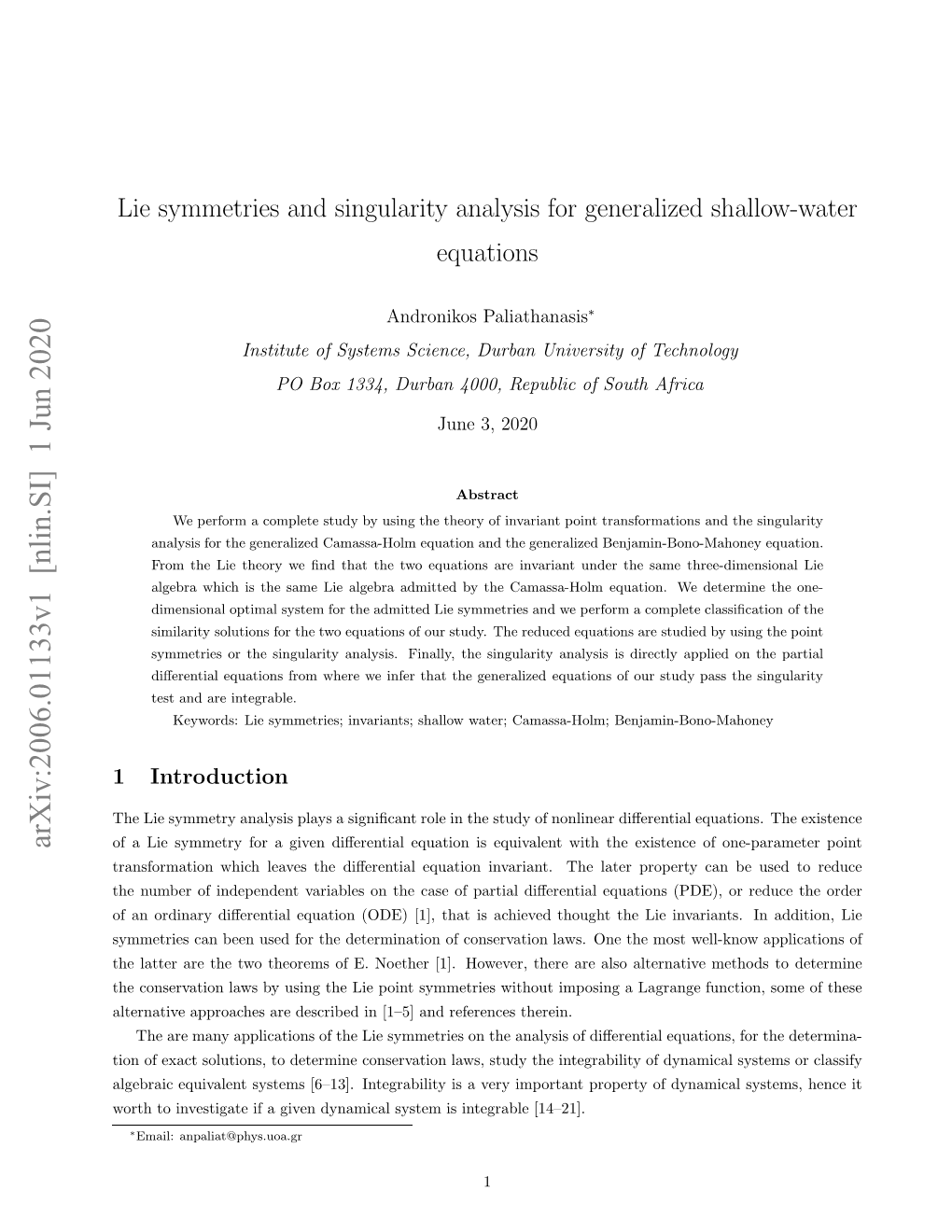 Lie Symmetries and Singularity Analysis for Generalized Shallow