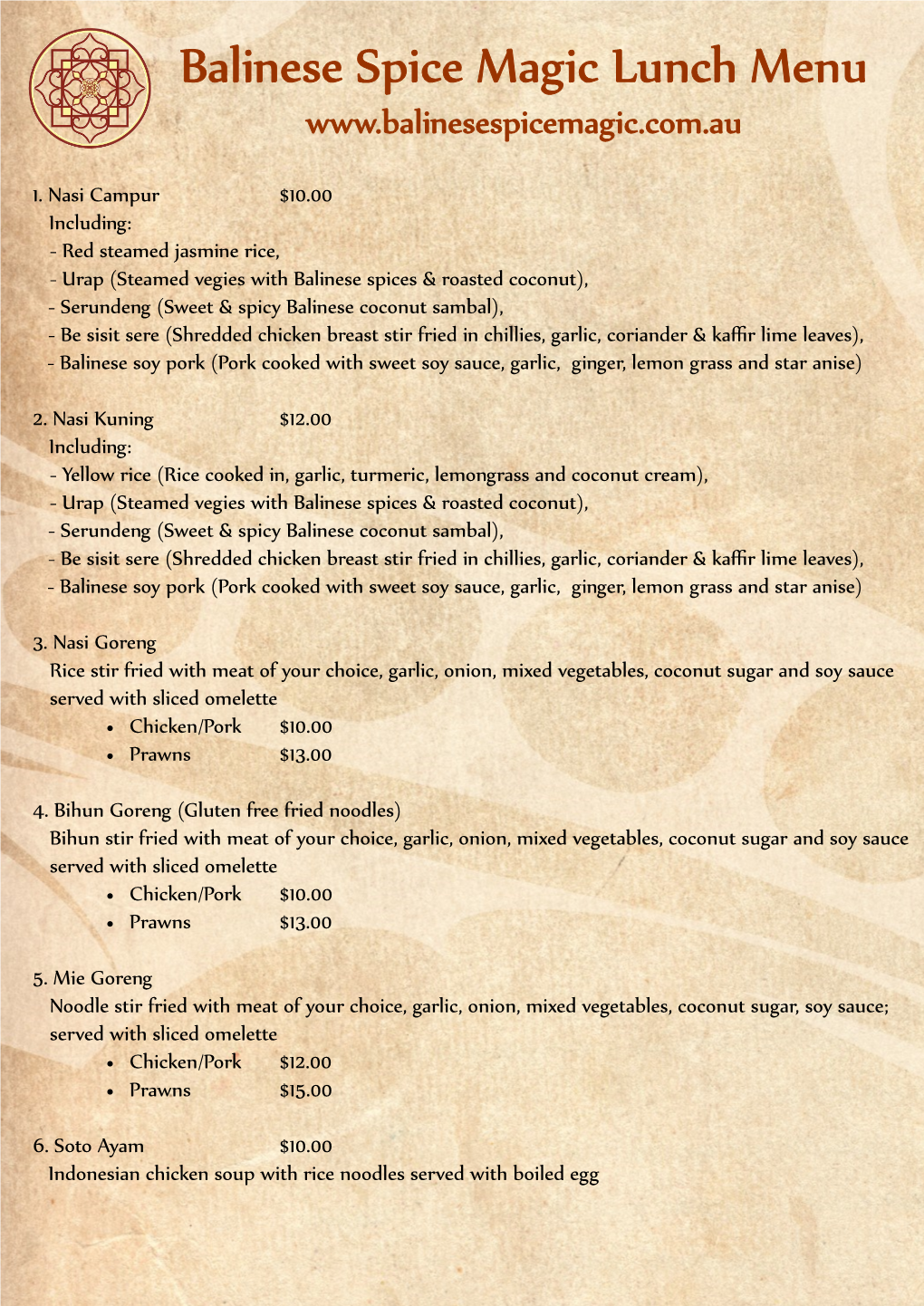 Balinese Spice Magic Lunch Menu