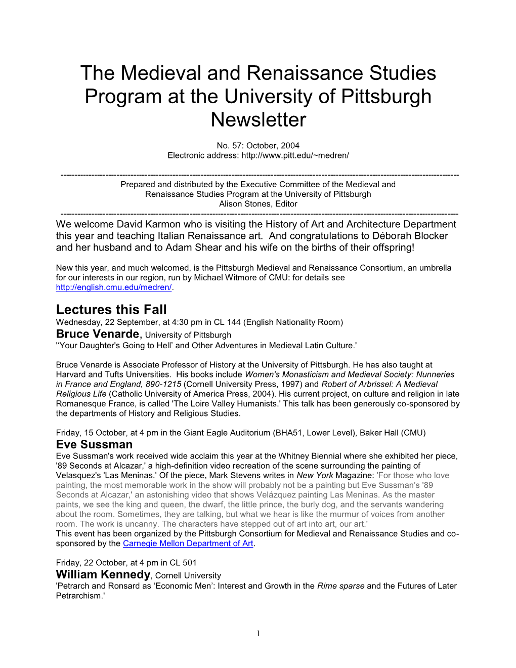 The Medieval and Renaissance Studies Program at the University of Pittsburgh Newsletter