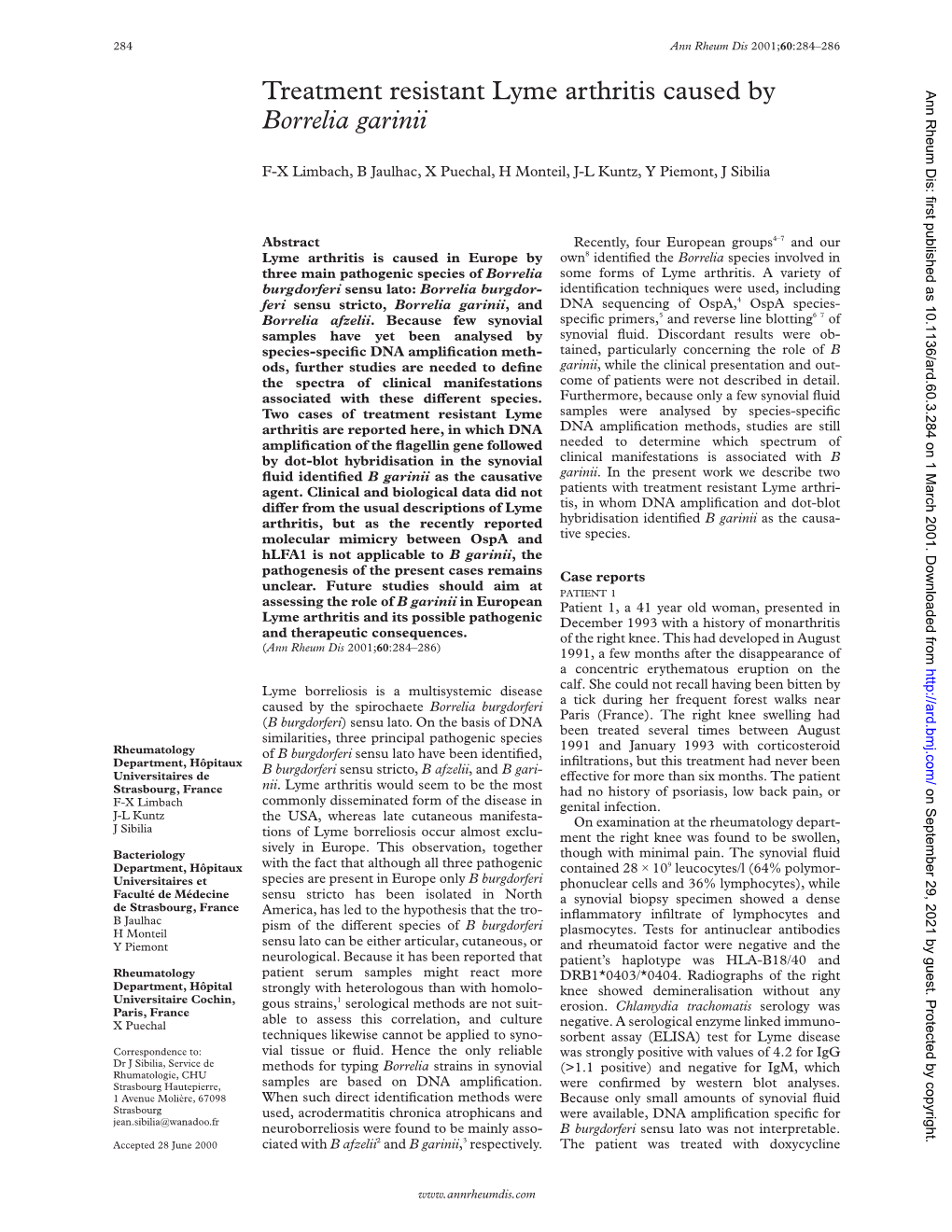 Treatment Resistant Lyme Arthritis Caused by Borrelia Garinii