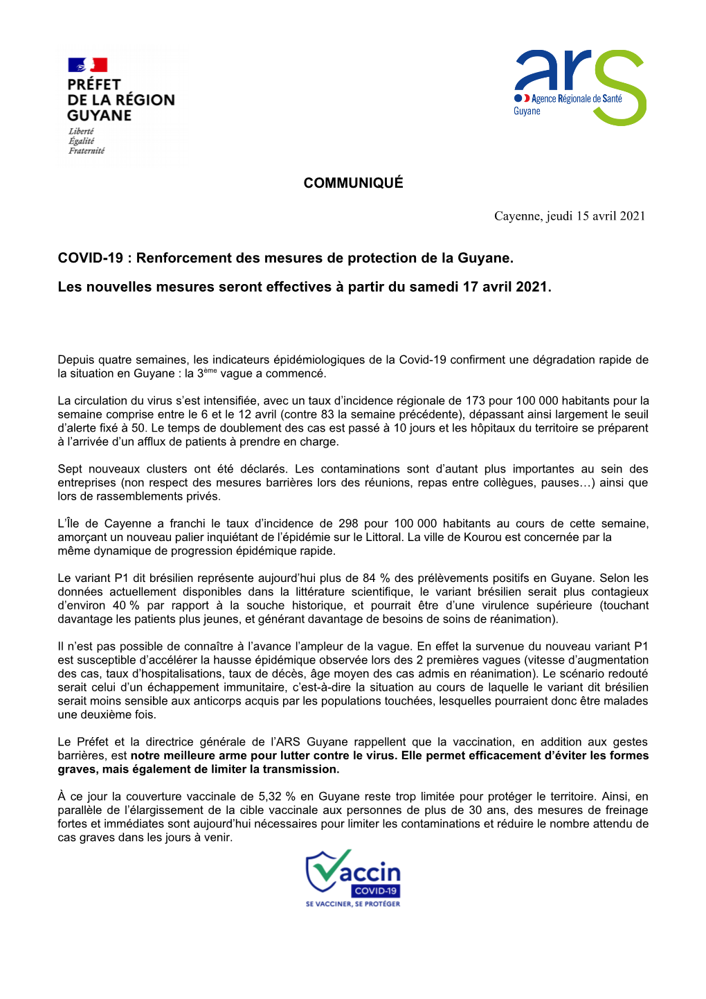 COMMUNIQUÉ COVID-19 : Renforcement Des Mesures De