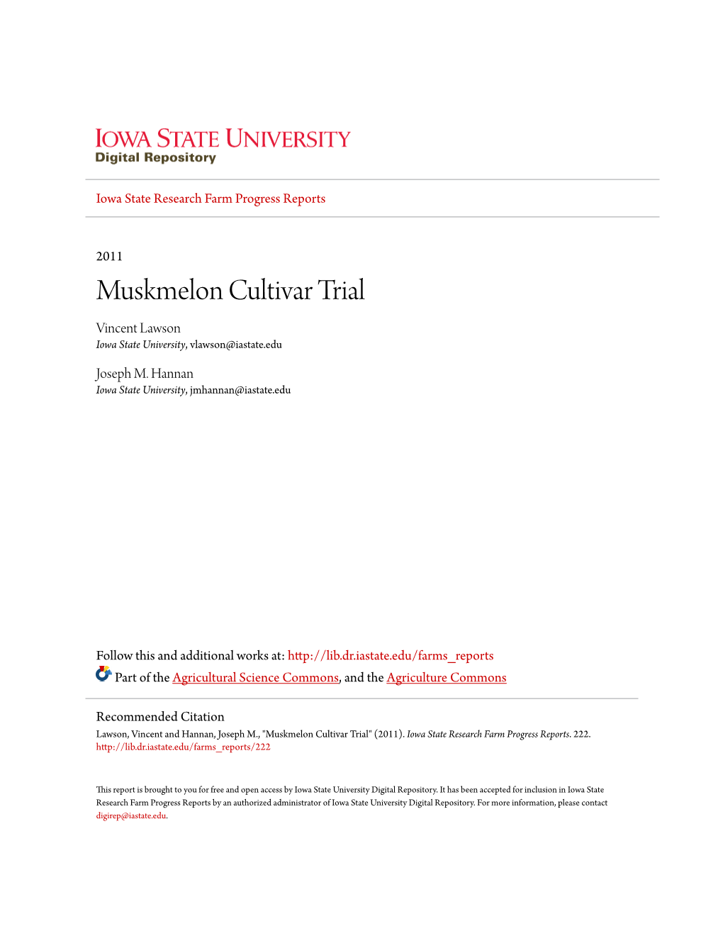 Muskmelon Cultivar Trial Vincent Lawson Iowa State University, Vlawson@Iastate.Edu