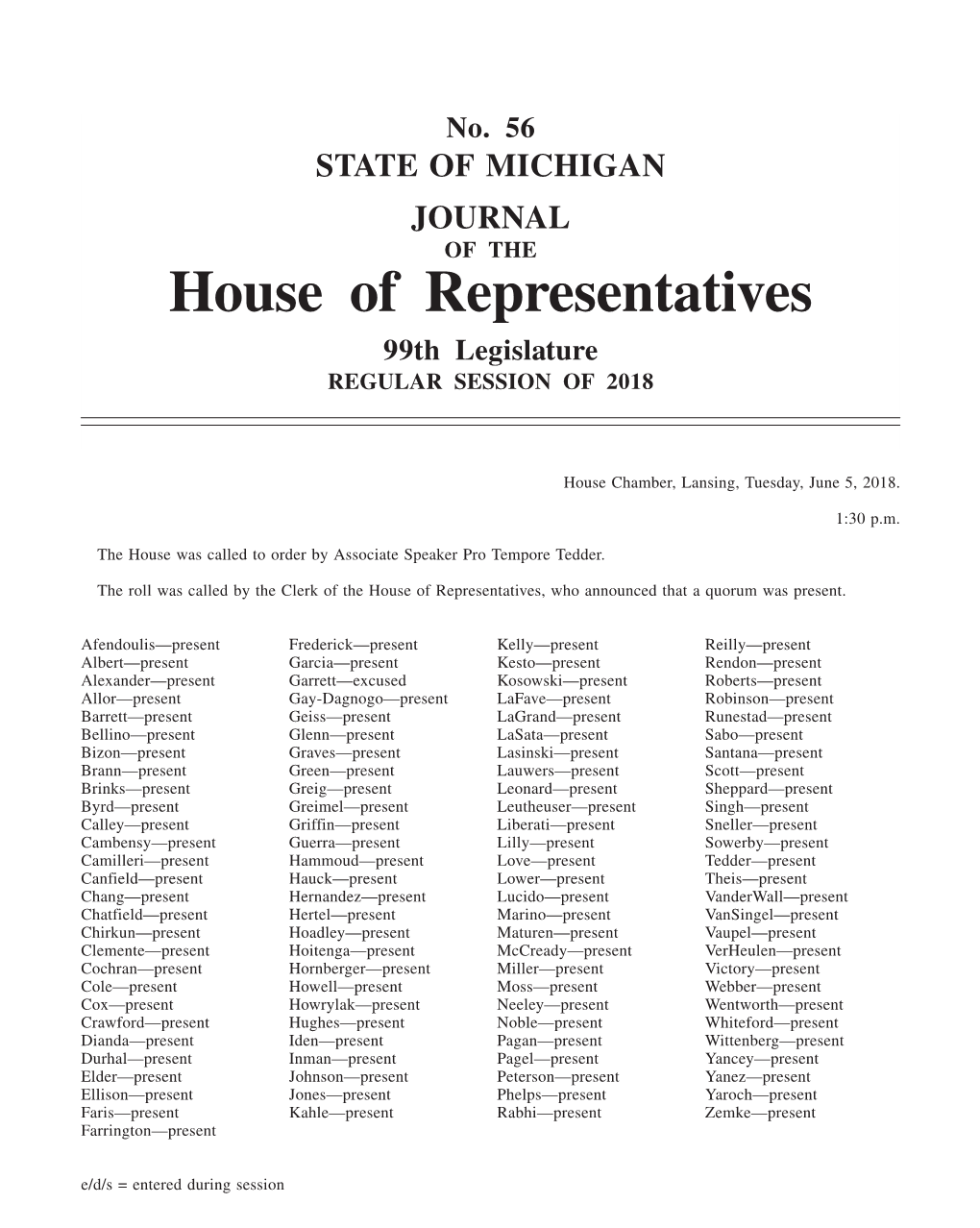 House of Representatives 99Th Legislature REGULAR SESSION of 2018