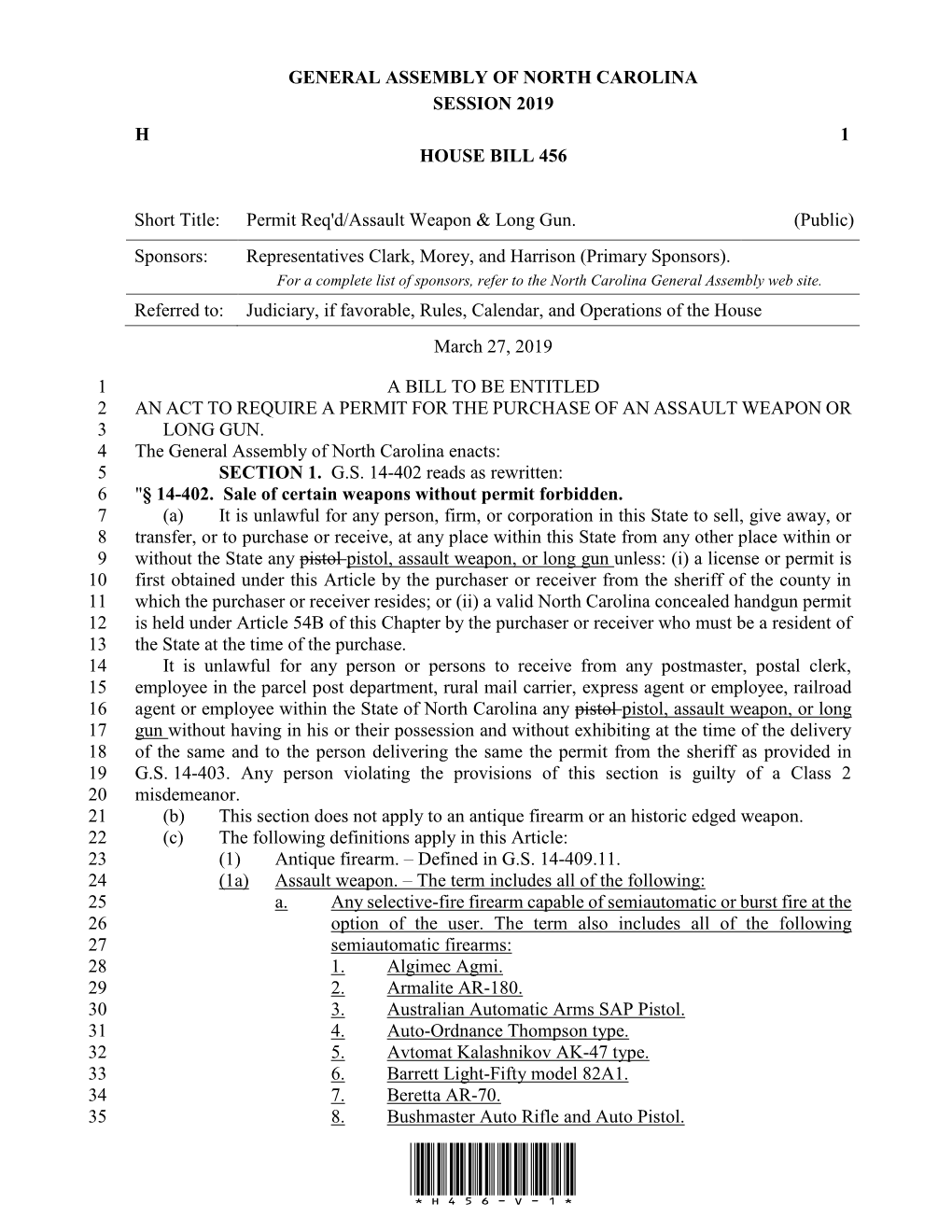 GENERAL ASSEMBLY of NORTH CAROLINA SESSION 2019 H 1 HOUSE BILL 456 Short Title: Permit Req'd/Assault Weapon & Long Gun. (Pub