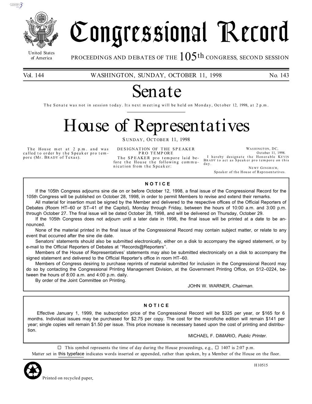 Congressional Record United States of America PROCEEDINGS and DEBATES of the 105Th CONGRESS, SECOND SESSION