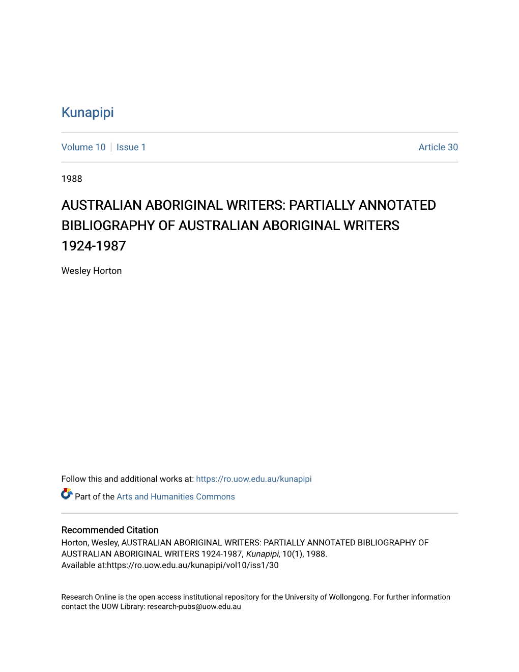 Australian Aboriginal Writers: Partially Annotated Bibliography of Australian Aboriginal Writers 1924-1987