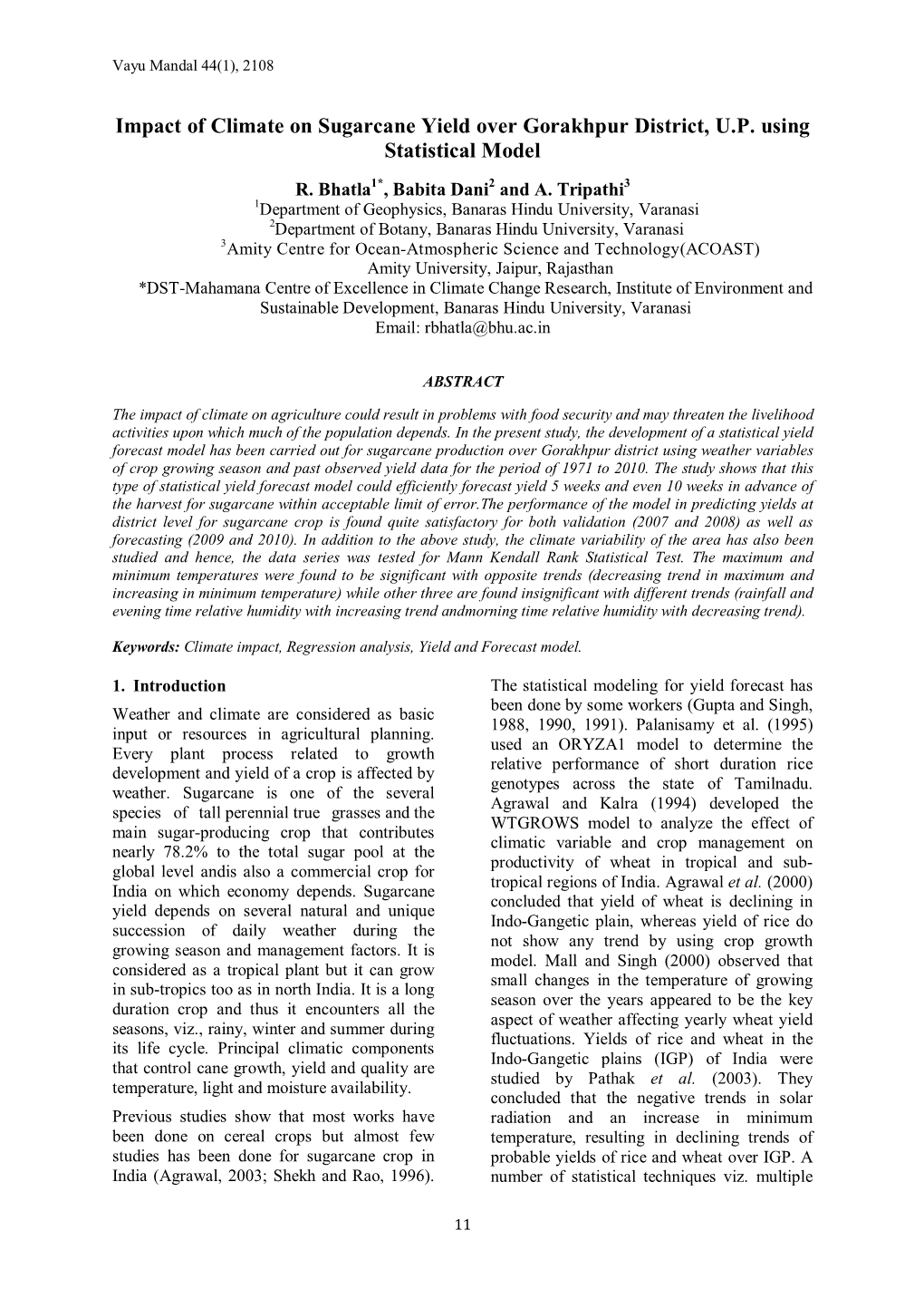 Impact of Climate on Sugarcane Yield Over Gorakhpur District, U.P. Using Statistical Model