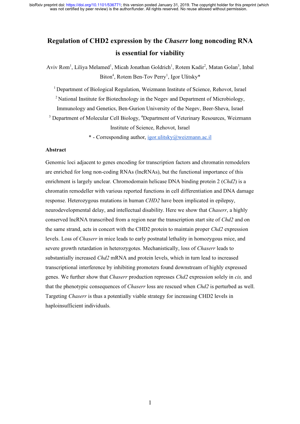 Regulation of CHD2 Expression by the Chaserr Long Noncoding RNA Is Essential for Viability