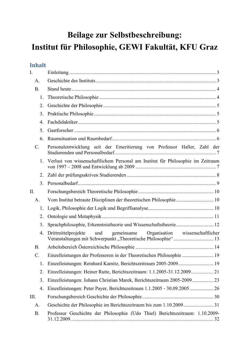 Beilage Zur Selbstbeschreibung: Institut Für Philosophie, GEWI Fakultät, KFU Graz