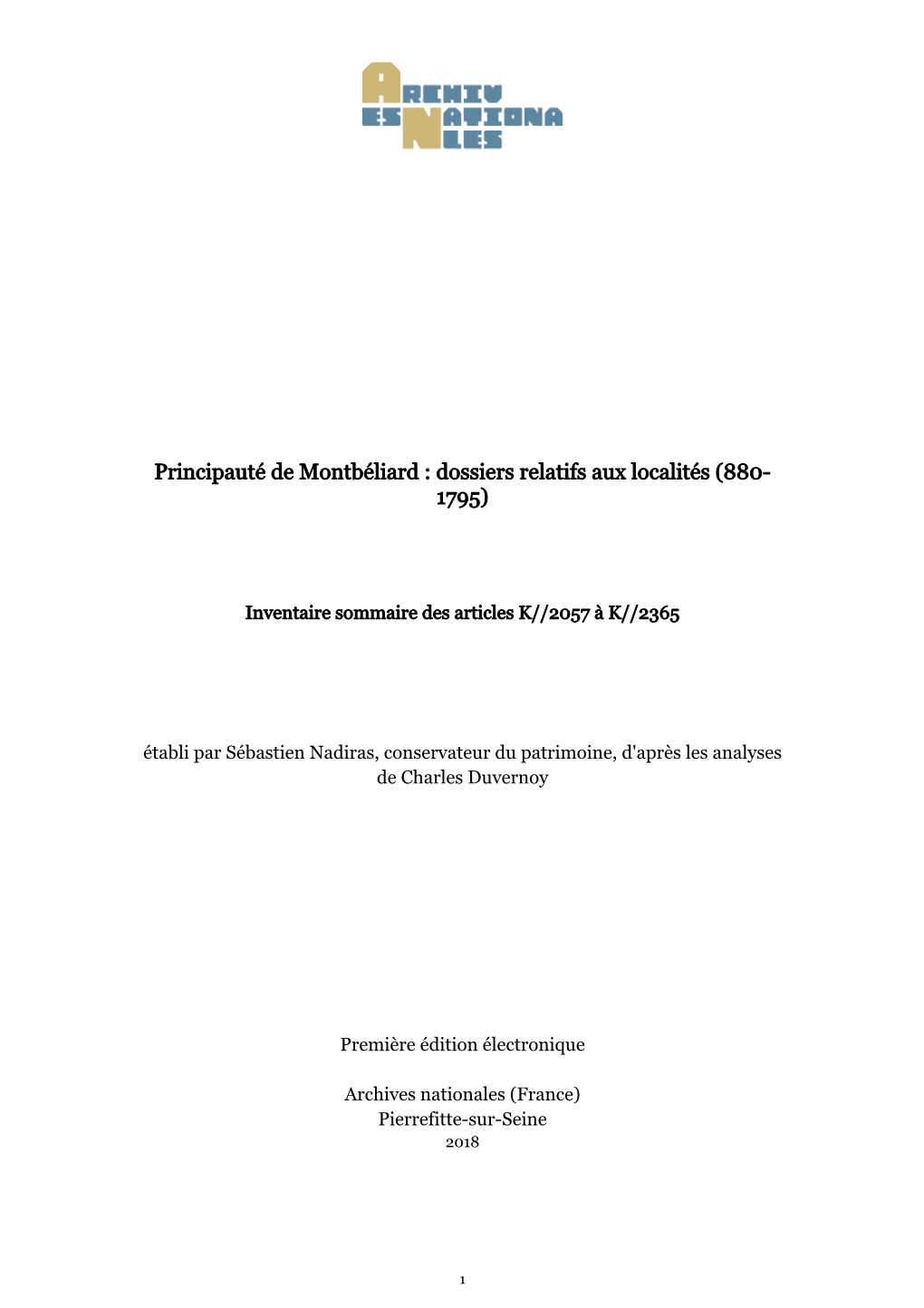 Principauté De Montbéliard : Dossiers Relatifs Aux Localités (880- 1795)