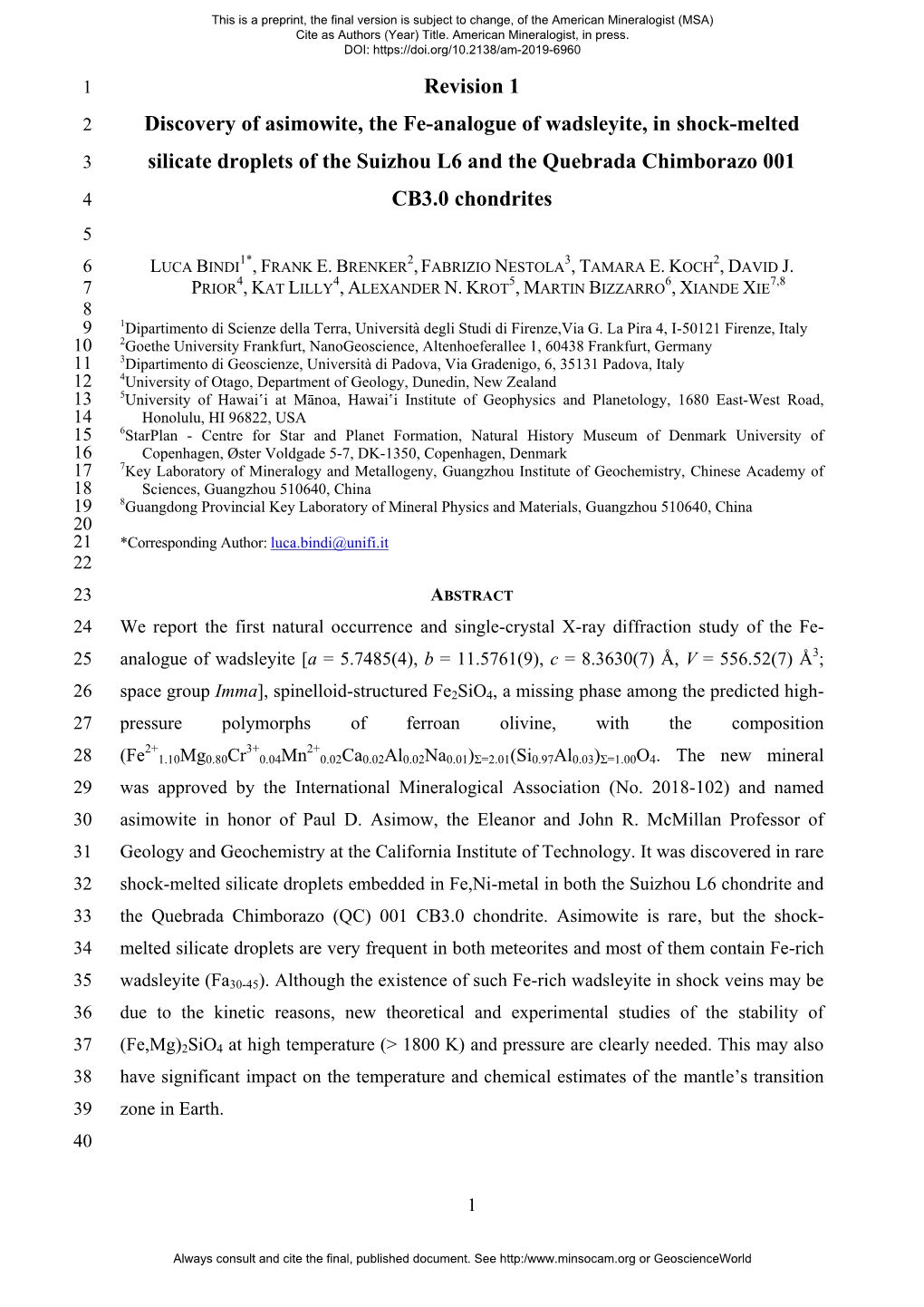 Revision 1 Discovery of Asimowite, the Fe-Analogue of Wadsleyite, In