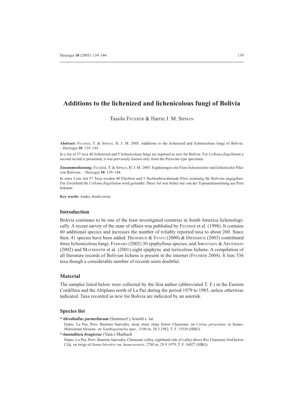 Additions to the Lichenized and Lichenicolous Fungi of Bolivia