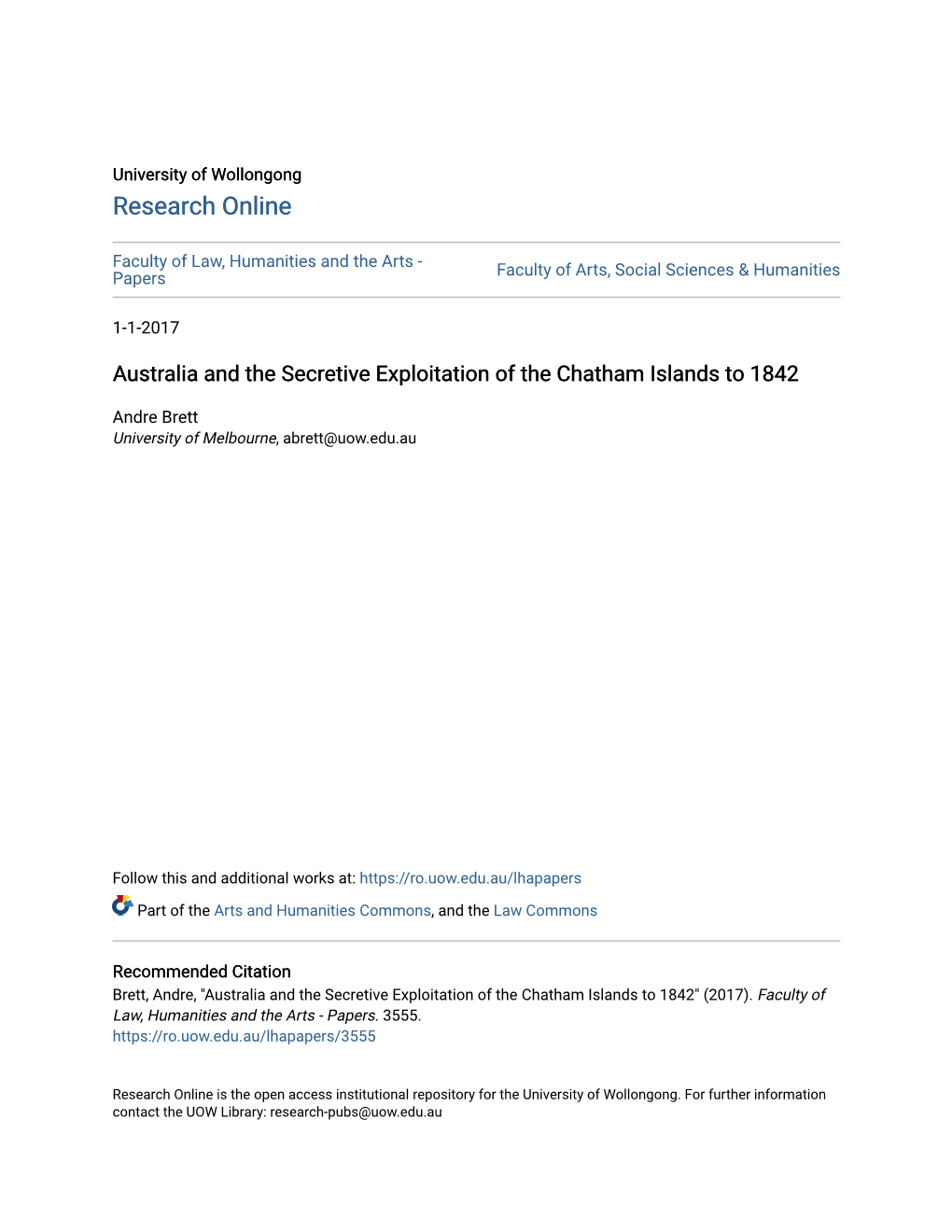 Australia and the Secretive Exploitation of the Chatham Islands to 1842