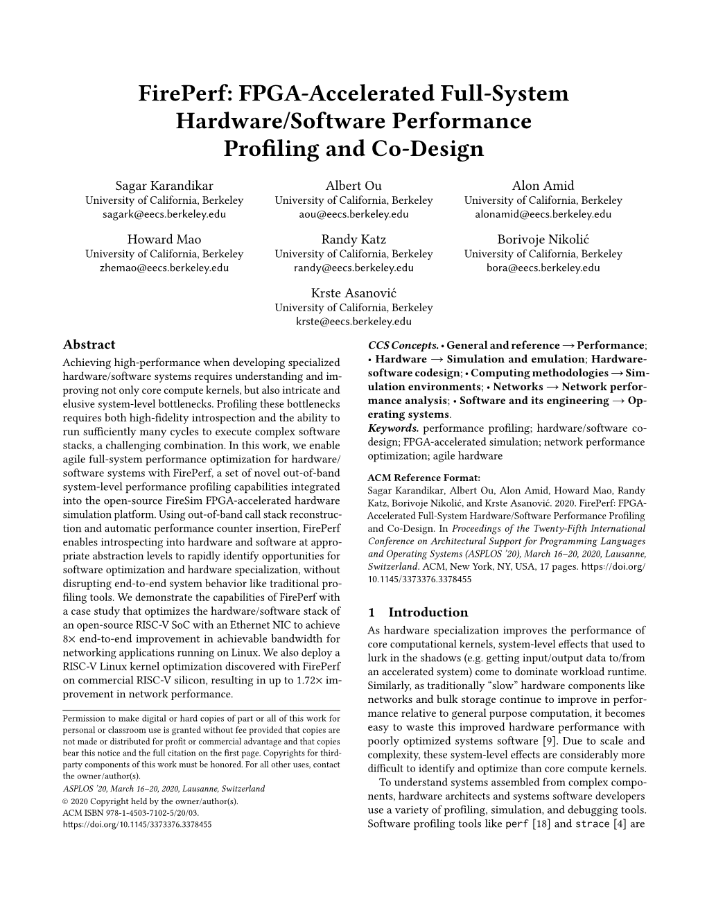Fireperf: FPGA-Accelerated Full-System Hardware/Software Performance Profiling and Co-Design