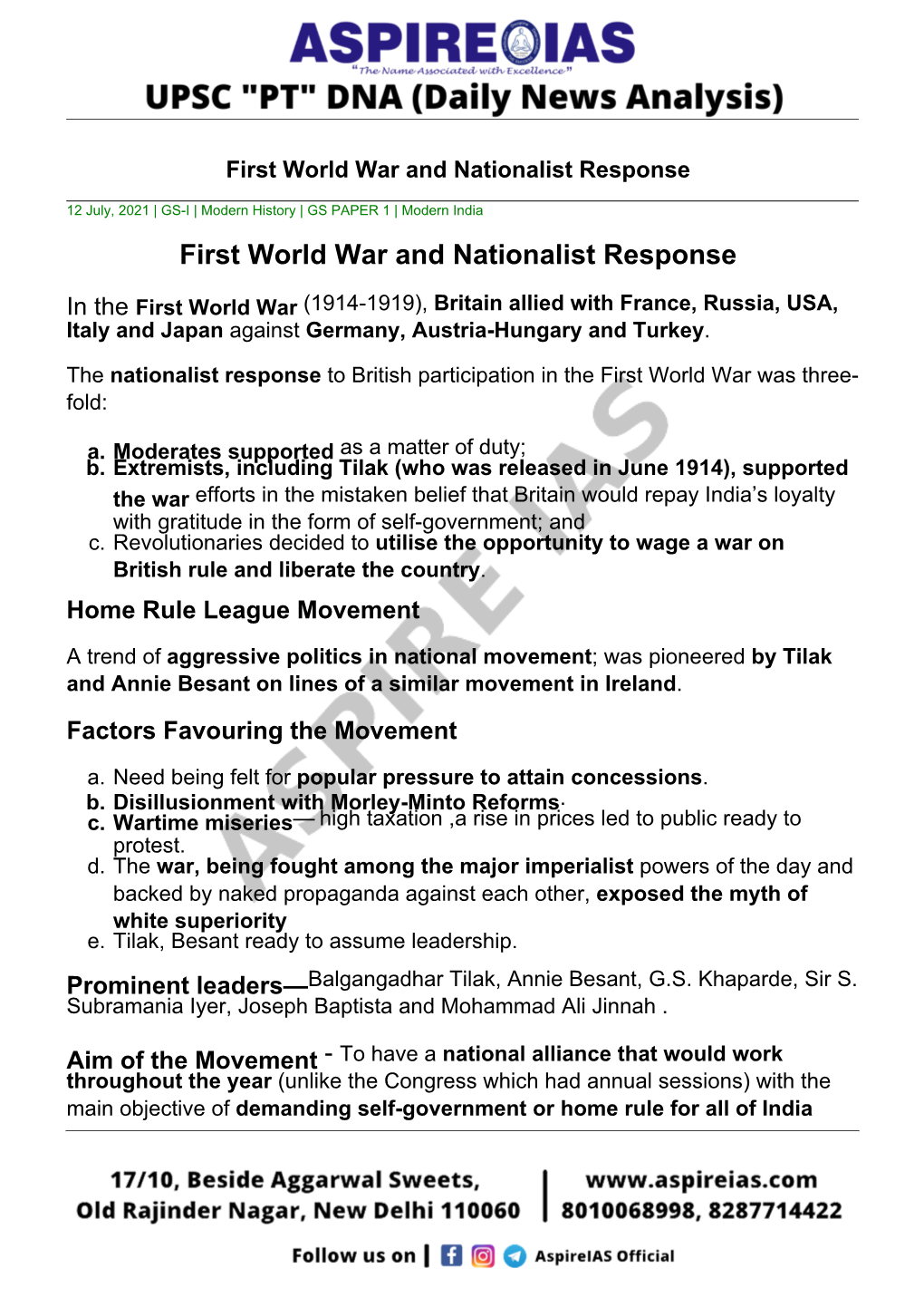 First World War and Nationalist Response