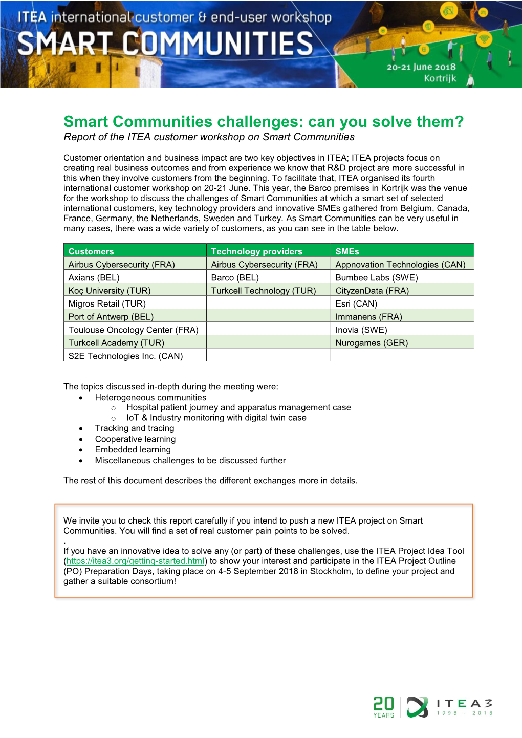 Smart Communities Challenges: Can You Solve Them? Report of the ITEA Customer Workshop on Smart Communities