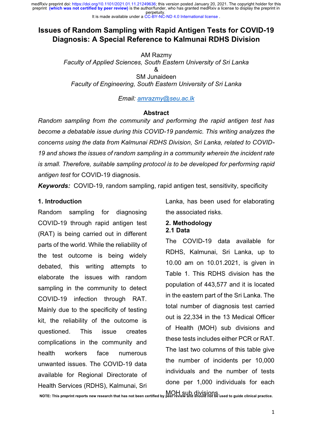 Issues of Random Sampling with Rapid Antigen Tests for COVID-19 Diagnosis: a Special Reference to Kalmunai RDHS Division