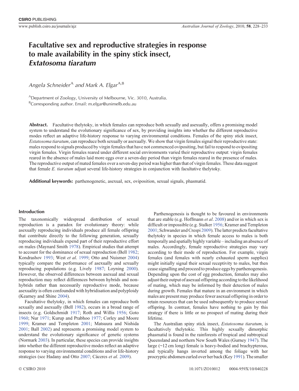 Facultative Sex and Reproductive Strategies in Response to Male Availability in the Spiny Stick Insect, Extatosoma Tiaratum