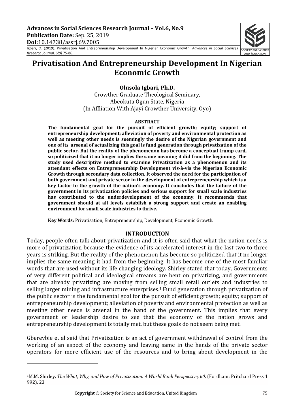 Privatisation and Entrepreneurship Development in Nigerian Economic Growth