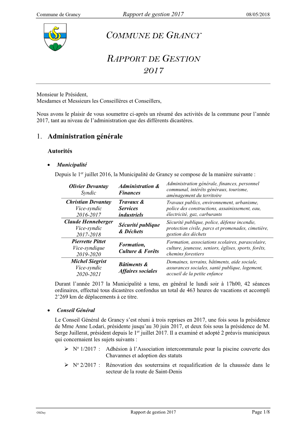 Rapport De Gestion 2017 08/05/2018