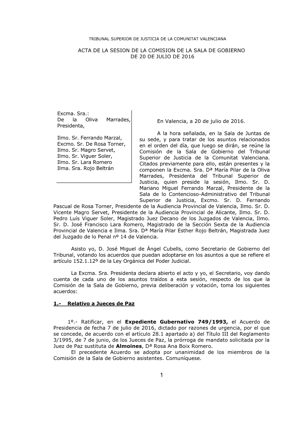 Acta De La Sesion De La Comision De La Sala De Gobierno De 20 De Julio De 2016