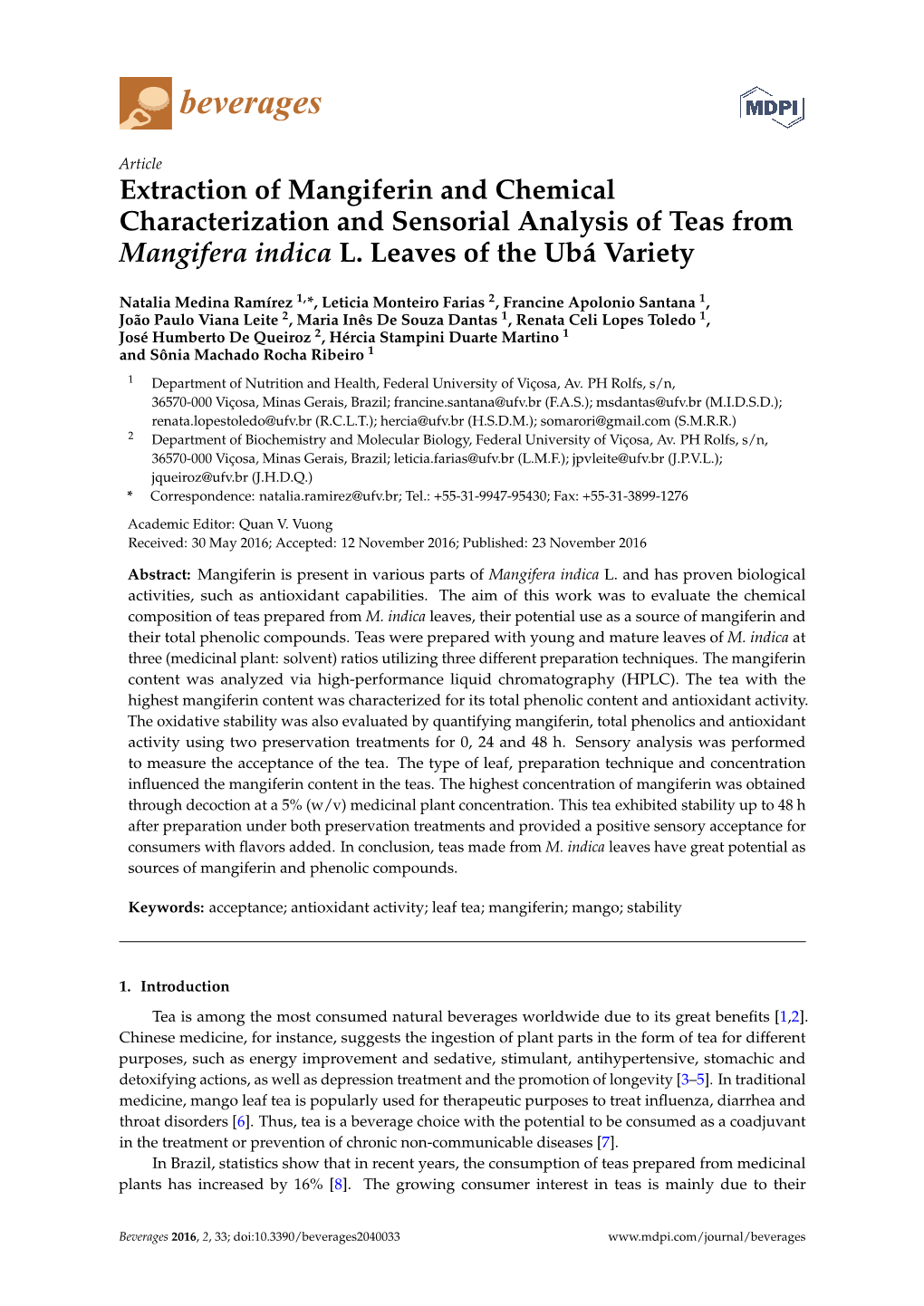 Extraction of Mangiferin and Chemical Characterization and Sensorial Analysis of Teas from Mangifera Indica L