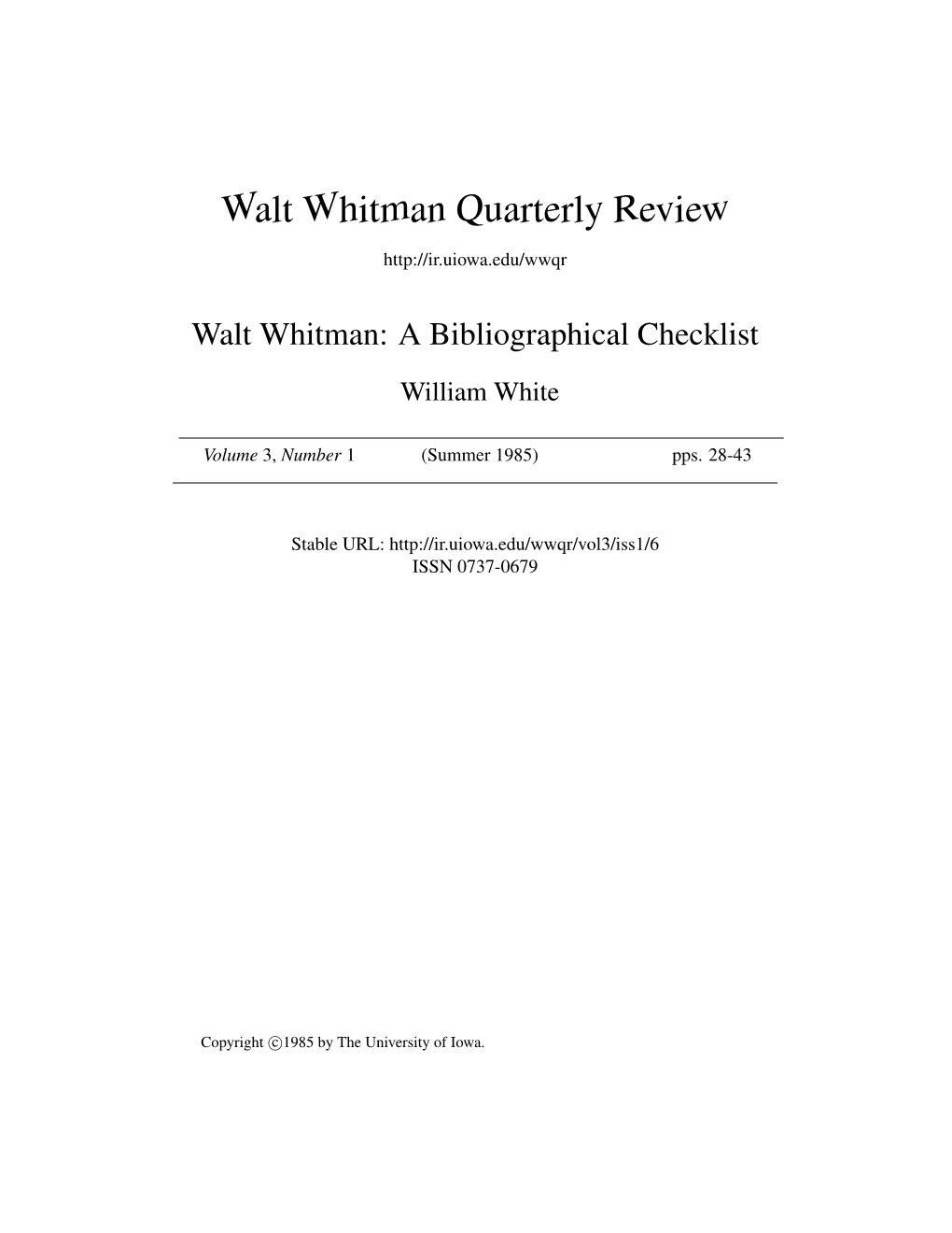 Walt Whitman Quarterly Review