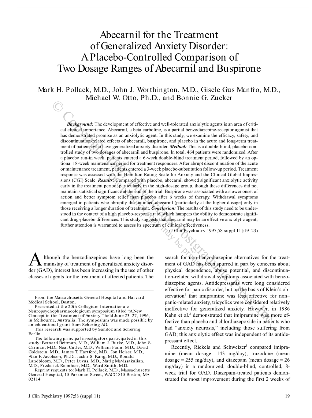 Abecarnil for the Treatment of Generalized Anxiety Disorder: a Placebo-Controlled Comparison of Two Dosage Ranges of Abecarnil and Buspirone