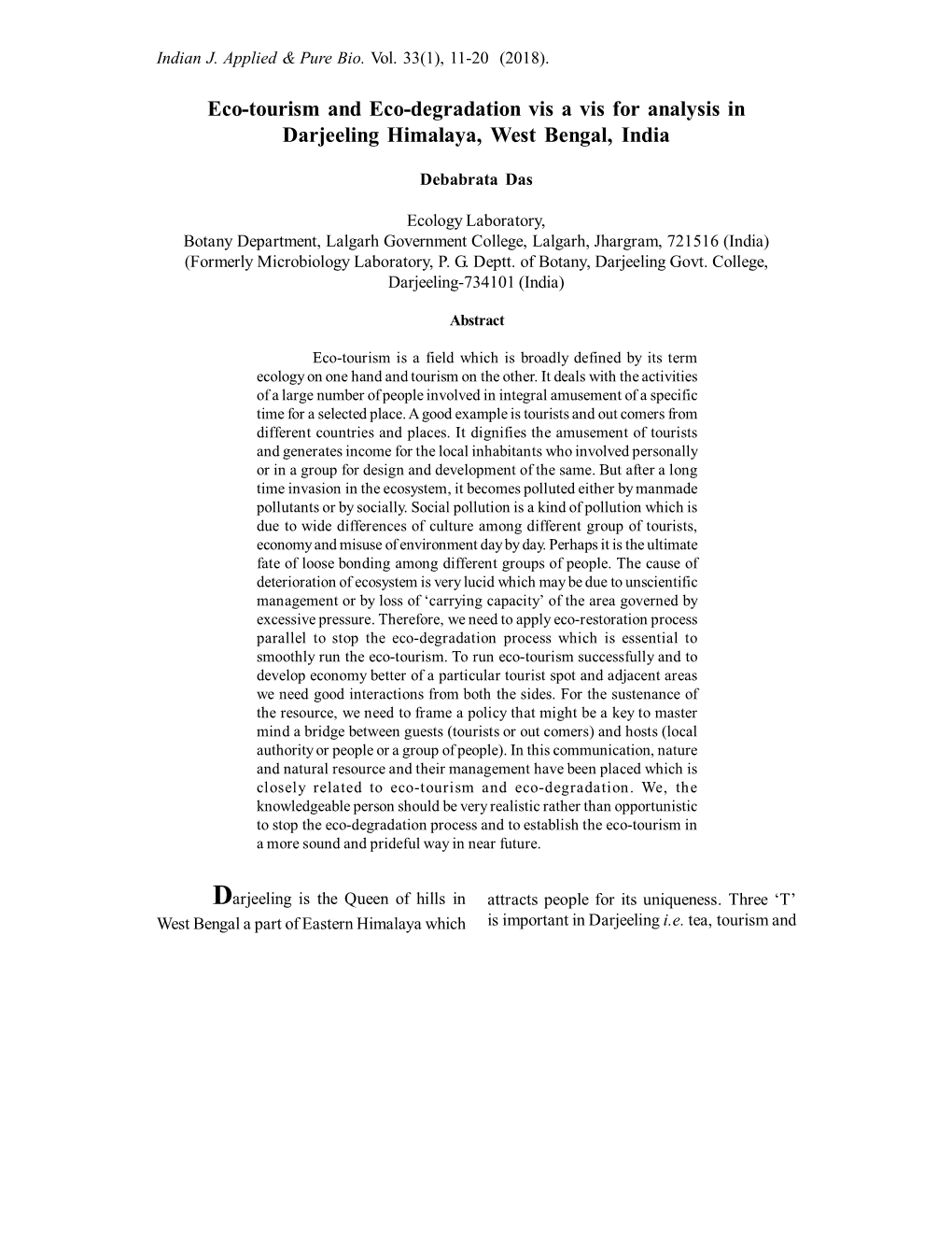 Eco-Tourism and Eco-Degradation Vis a Vis for Analysis in Darjeeling Himalaya, West Bengal, India