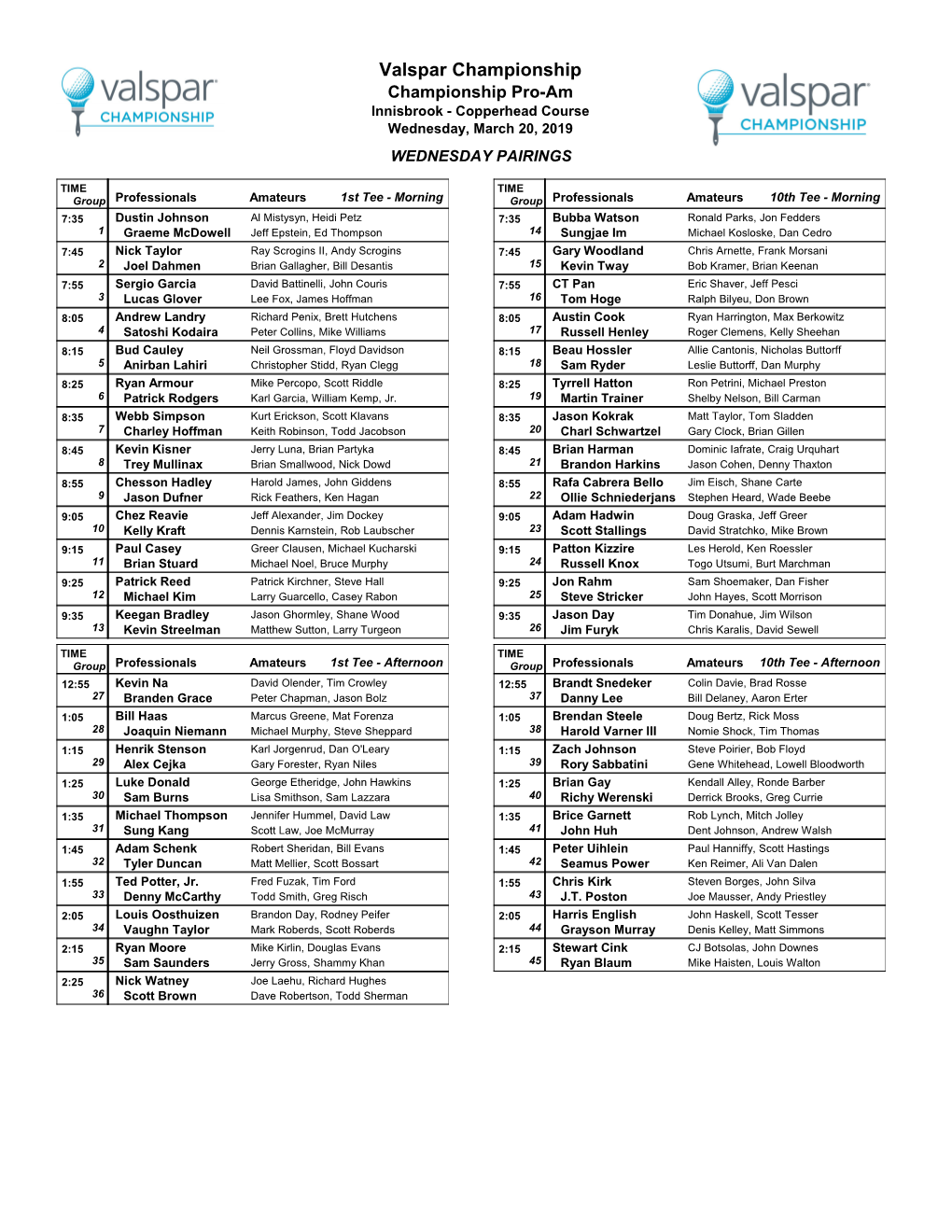 Pairings Sheet (Tee Times) 8 1/2 X 11