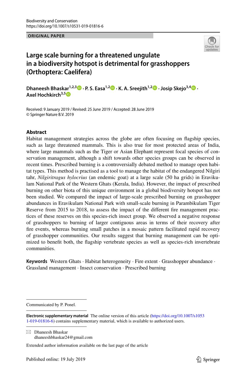 Large Scale Burning for a Threatened Ungulate in a Biodiversity Hotspot Is Detrimental for Grasshoppers (Orthoptera: Caelifera)