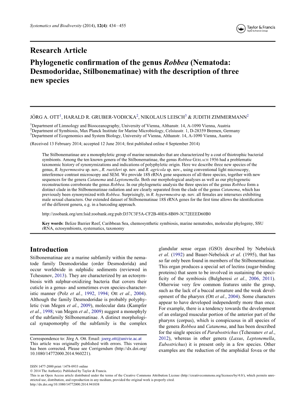 Phylogenetic Confirmation of the Genus Robbea