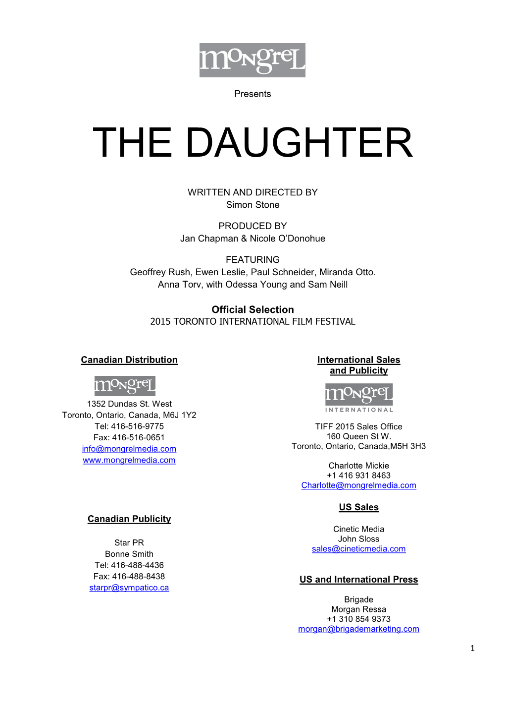 The Daughter Press Kit Mongrel 27-7-15