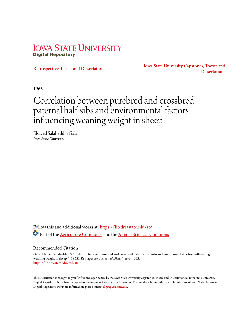 Correlation Between Purebred and Crossbred Paternal Half-Sibs And