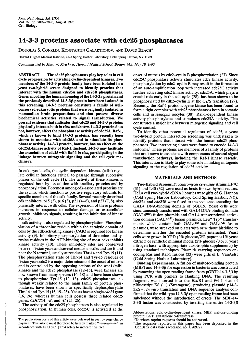 14-3-3 Proteins Associate with Cdc25 Phosphatases DOUGLAS S