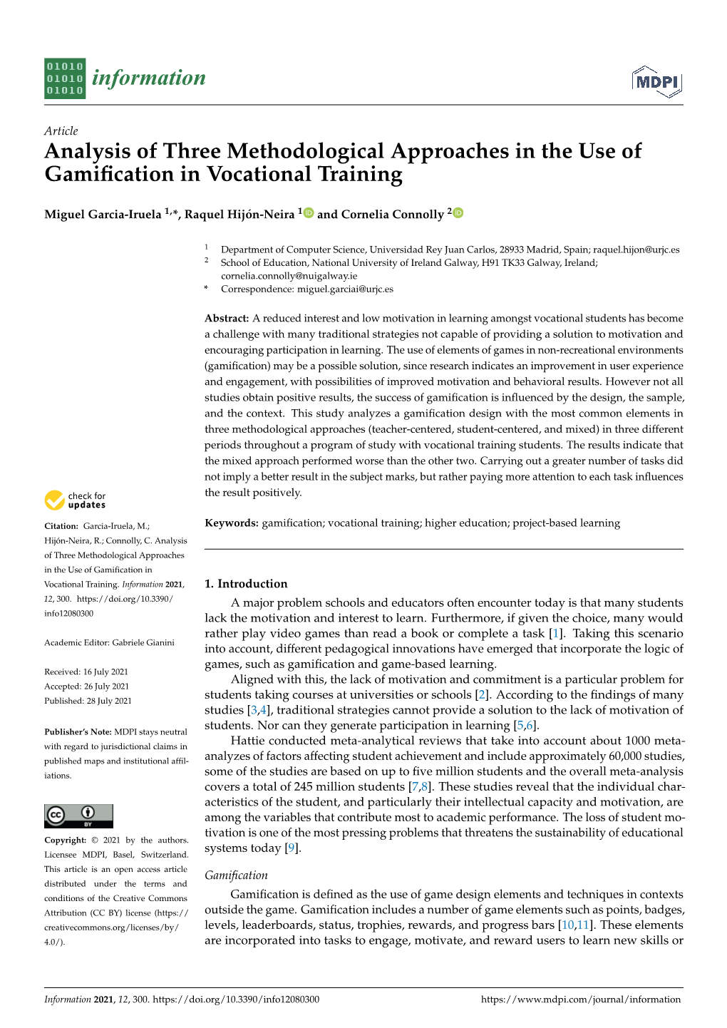 Analysis of Three Methodological Approaches in the Use of Gamiﬁcation in Vocational Training