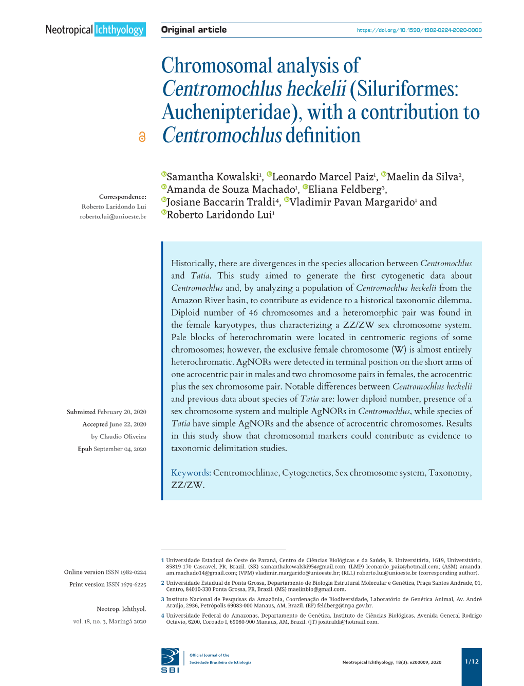 Chromosomal Analysis of Centromochlus Heckelii (Siluriformes: Auchenipteridae), with a Contribution to Centromochlus Definition